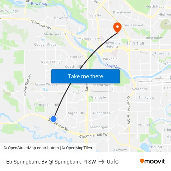 Eb Springbank Bv @ Springbank Pl SW to UofC map