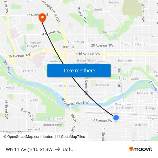 Wb 11 Av @ 10 St SW to UofC map