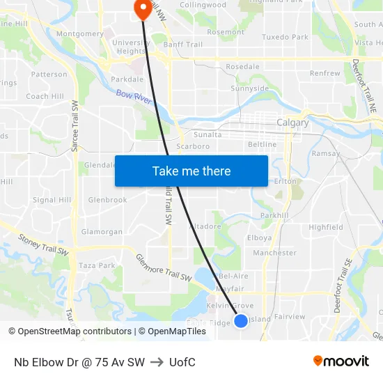 Nb Elbow Dr @ 75 Av SW to UofC map