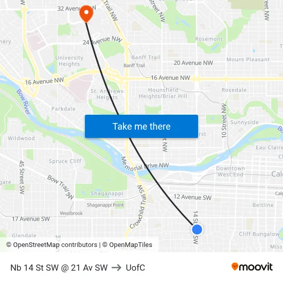 Nb 14 St SW @ 21 Av SW to UofC map