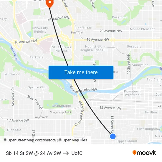 Sb 14 St SW @ 24 Av SW to UofC map