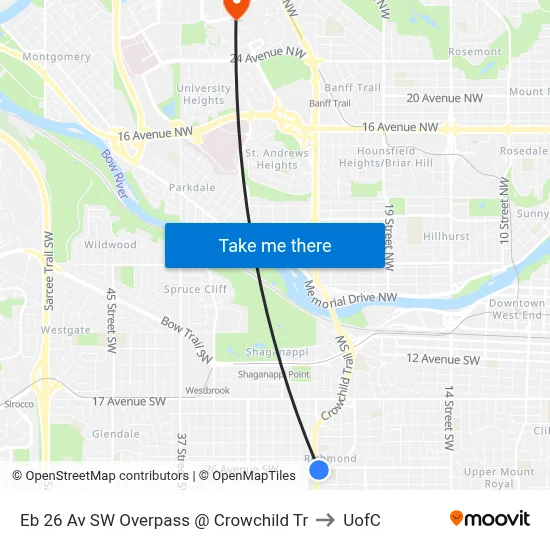 Eb 26 Av SW Overpass @ Crowchild Tr to UofC map