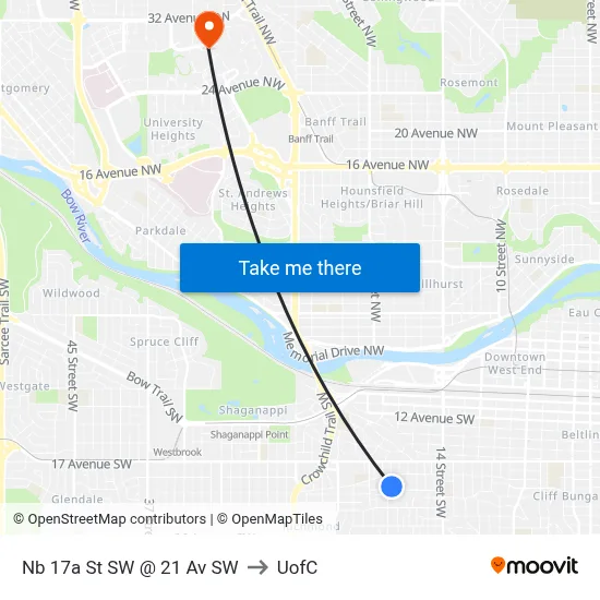Nb 17a St SW @ 21 Av SW to UofC map