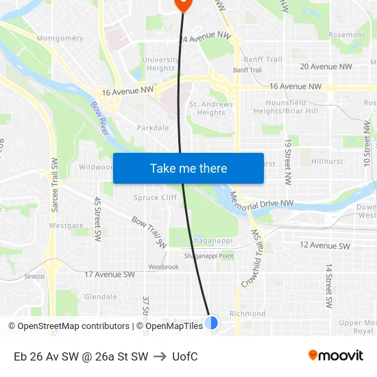 Eb 26 Av SW @ 26a St SW to UofC map