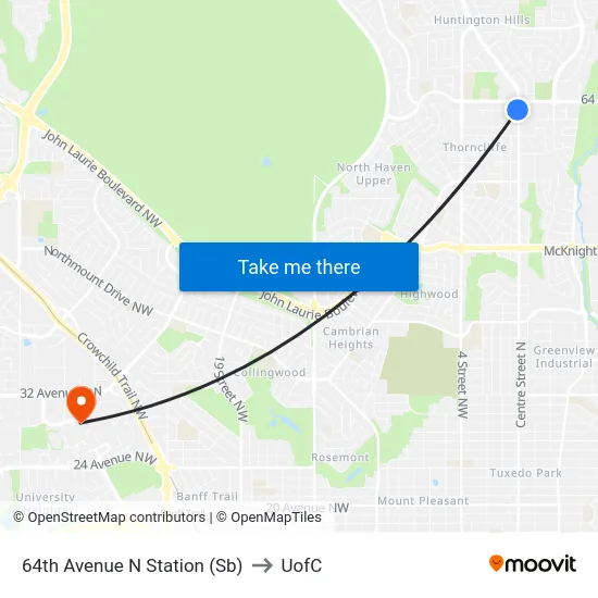 64th Avenue N Station (Sb) to UofC map