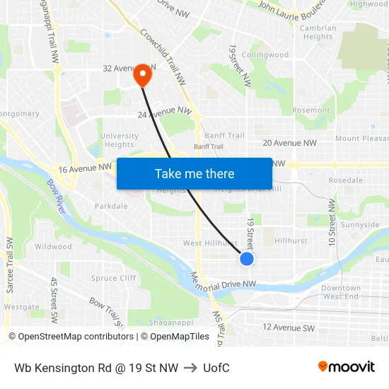 Wb Kensington Rd @ 19 St NW to UofC map