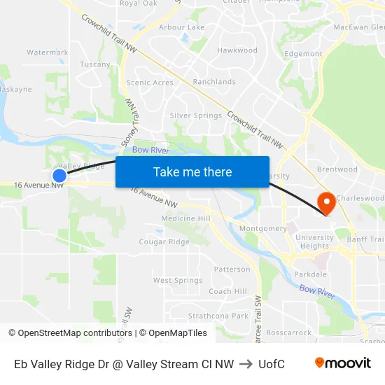 Eb Valley Ridge Dr @ Valley Stream Cl NW to UofC map
