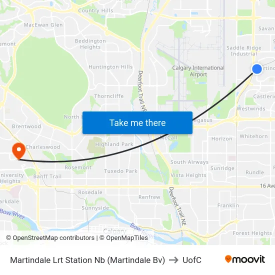 Martindale Lrt Station Nb (Martindale Bv) to UofC map