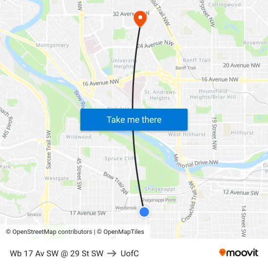 Wb 17 Av SW @ 29 St SW to UofC map