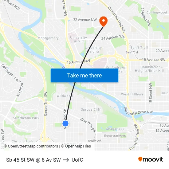 Sb 45 St SW @ 8 Av SW to UofC map