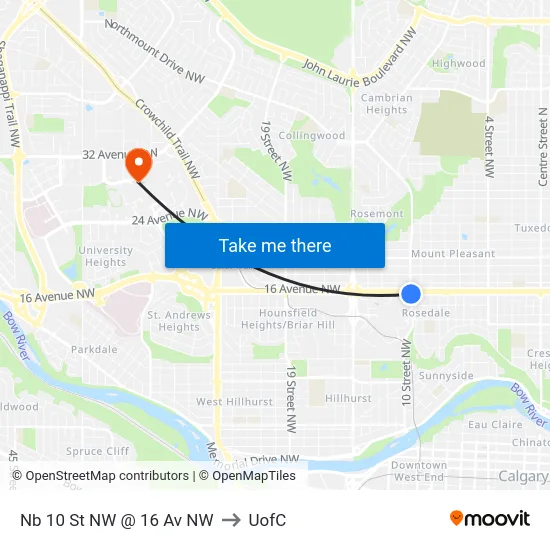 Nb 10 St NW @ 16 Av NW to UofC map