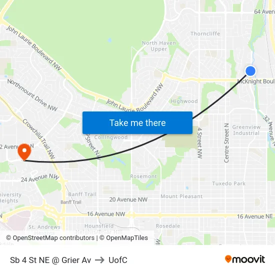 Sb 4 St NE @ Grier Av to UofC map