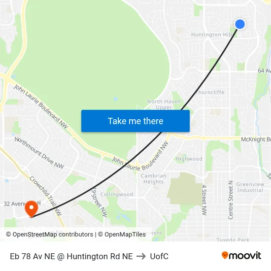 Eb 78 Av NE @ Huntington Rd NE to UofC map