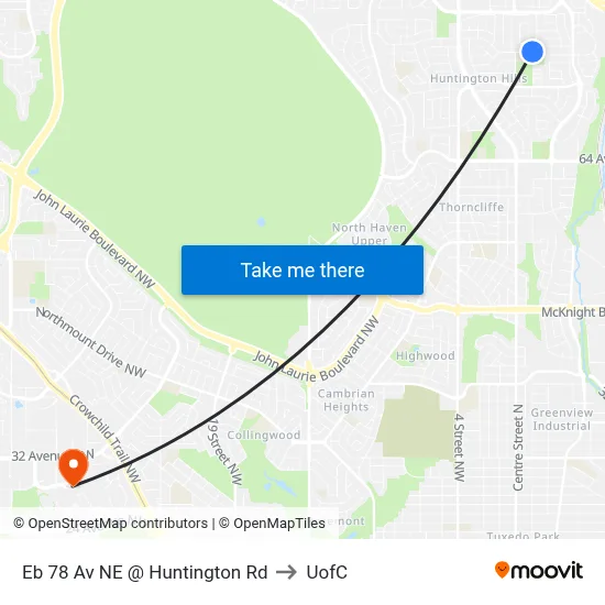 Eb 78 Av NE @ Huntington Rd to UofC map