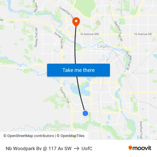 Nb Woodpark Bv @ 117 Av SW to UofC map