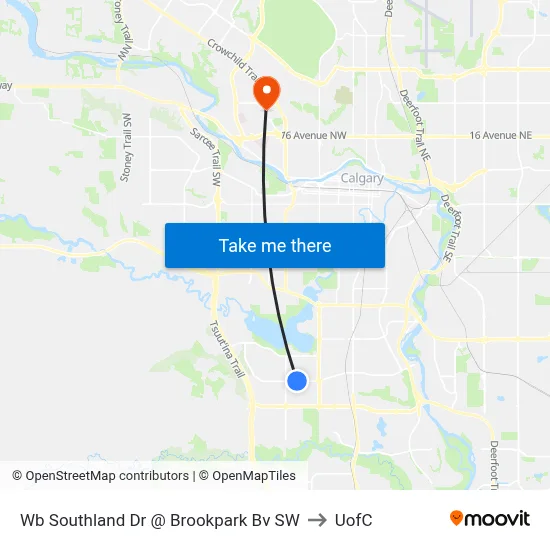 Wb Southland Dr @ Brookpark Bv SW to UofC map