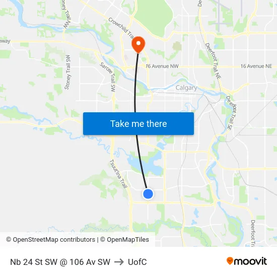 Nb 24 St SW @ 106 Av SW to UofC map