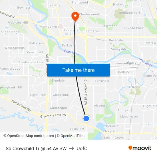 Sb Crowchild Tr @ 54 Av SW to UofC map