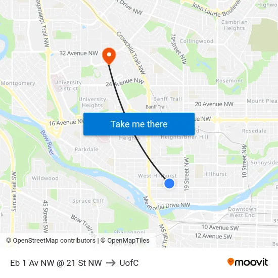 Eb 1 Av NW @ 21 St NW to UofC map