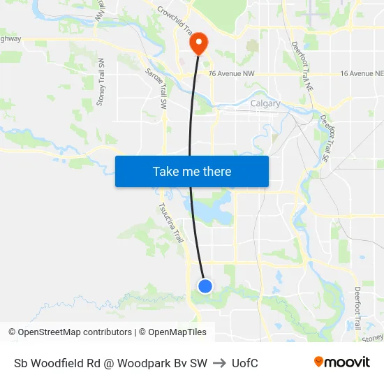 Sb Woodfield Rd @ Woodpark Bv SW to UofC map