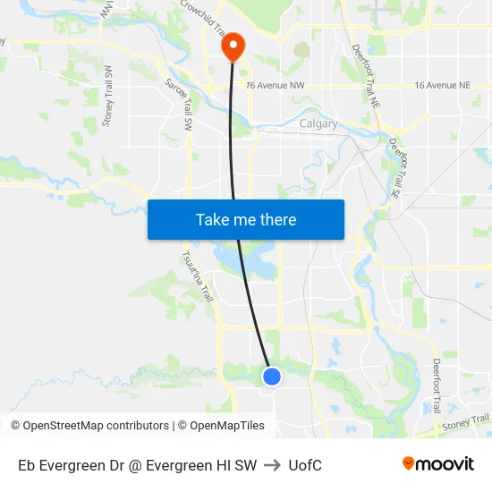 Eb Evergreen Dr @ Evergreen Hl SW to UofC map