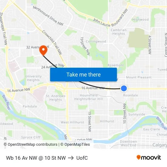 Wb 16 Av NW @ 10 St NW to UofC map
