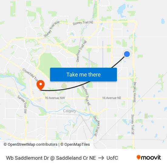 Wb Saddlemont Dr @ Saddleland Cr NE to UofC map