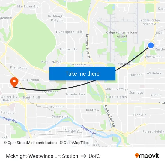 Mcknight-Westwinds Lrt Station to UofC map