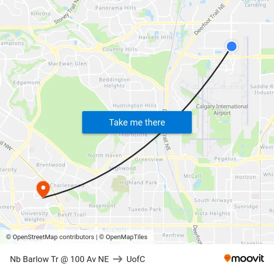 Nb Barlow Tr @ 100 Av NE to UofC map