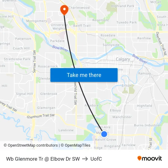Wb Glenmore Tr @ Elbow Dr SW to UofC map