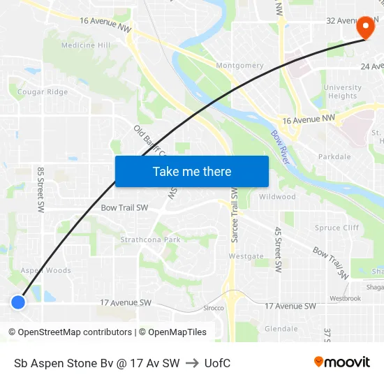 Sb Aspen Stone Bv @ 17 Av SW to UofC map
