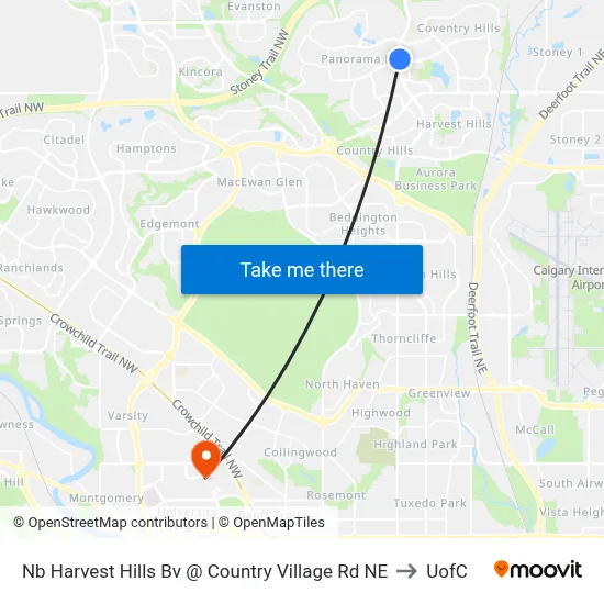 Nb Harvest Hills Bv @ Country Village Rd NE to UofC map
