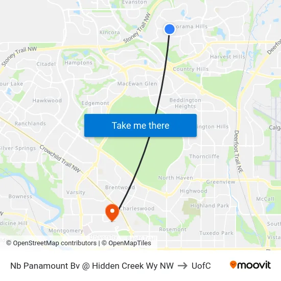 Nb Panamount Bv @ Hidden Creek Wy NW to UofC map