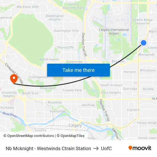 Nb Mcknight - Westwinds Ctrain Station to UofC map