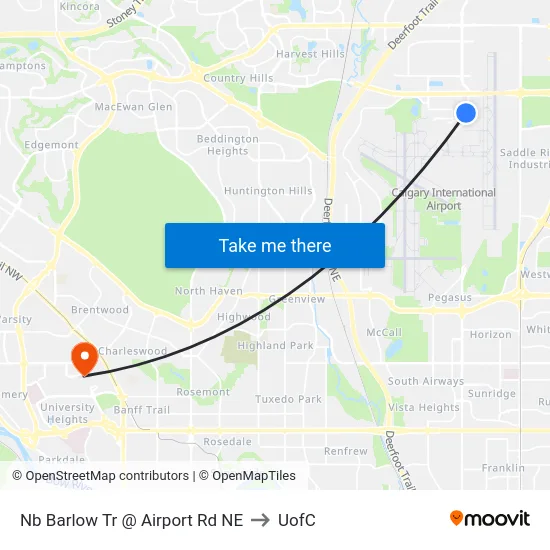 Nb Barlow Tr @ Airport Rd NE to UofC map