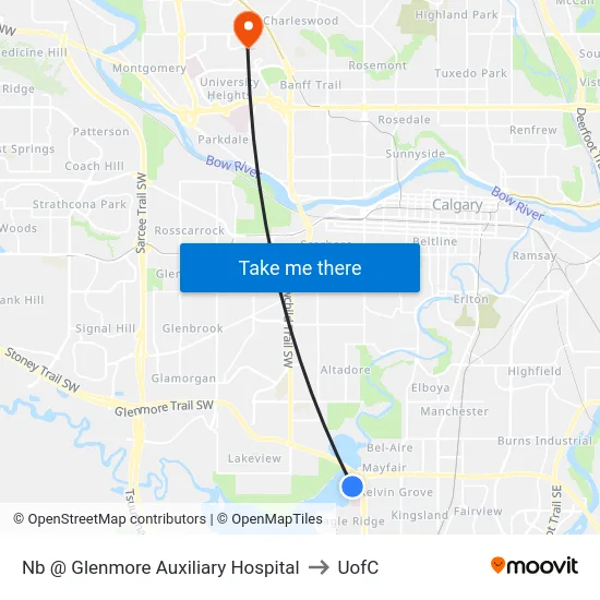 Nb @ Glenmore Auxiliary Hospital to UofC map