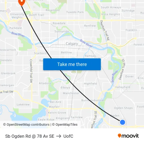 Sb Ogden Rd @ 78 Av SE to UofC map