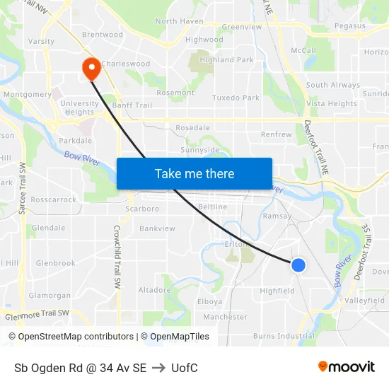 Sb Ogden Rd @ 34 Av SE to UofC map