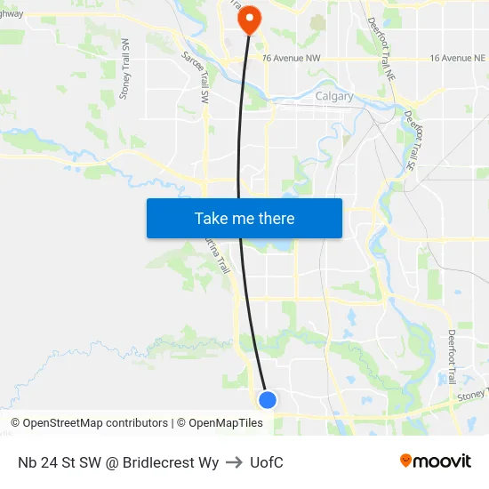 Nb 24 St SW @ Bridlecrest Wy to UofC map