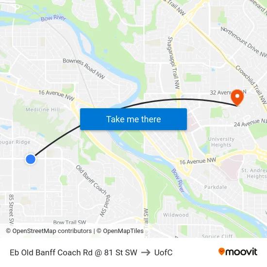 Eb Old Banff Coach Rd @ 81 St SW to UofC map
