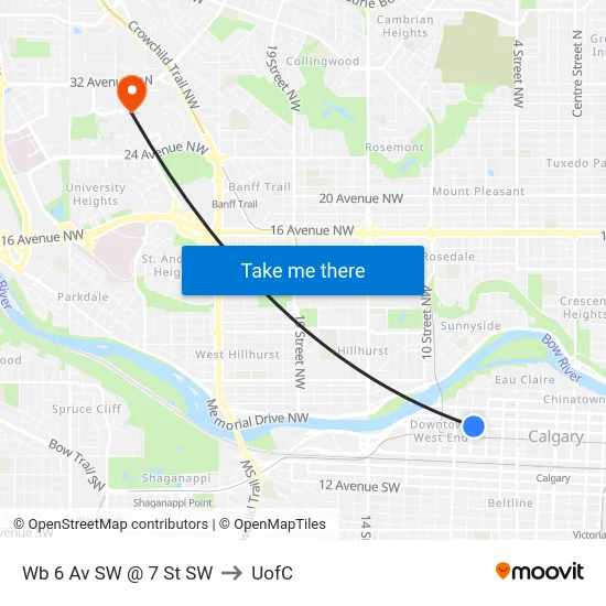 Wb 6 Av SW @ 7 St SW to UofC map