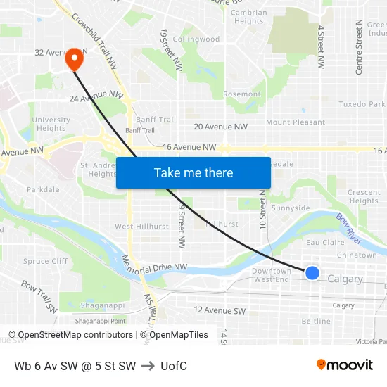 Wb 6 Av SW @ 5 St SW to UofC map