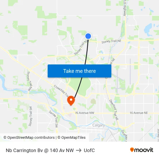 Nb Carrington Bv @ 140 Av NW to UofC map