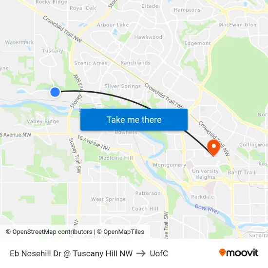 Eb Nosehill Dr @ Tuscany Hill NW to UofC map