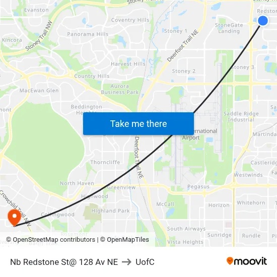 Nb Redstone St@ 128 Av NE to UofC map