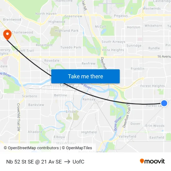 Nb 52 St SE @ 21 Av SE to UofC map