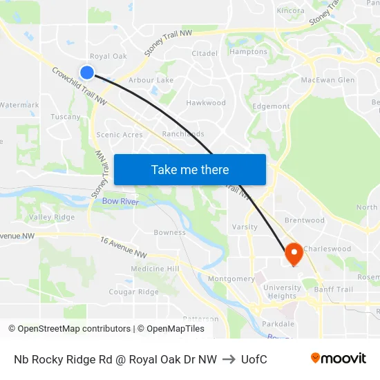 Nb Rocky Ridge Rd @ Royal Oak Dr NW to UofC map
