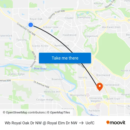 Wb Royal Oak Dr NW @ Royal Elm Dr NW to UofC map