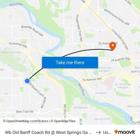 Wb Old Banff Coach Rd @ West Springs Ga SW to UofC map