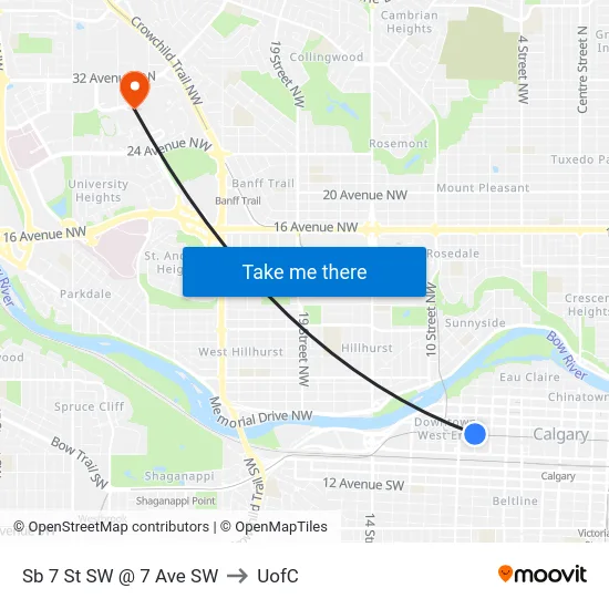 Sb 7 St SW @ 7 Ave SW to UofC map